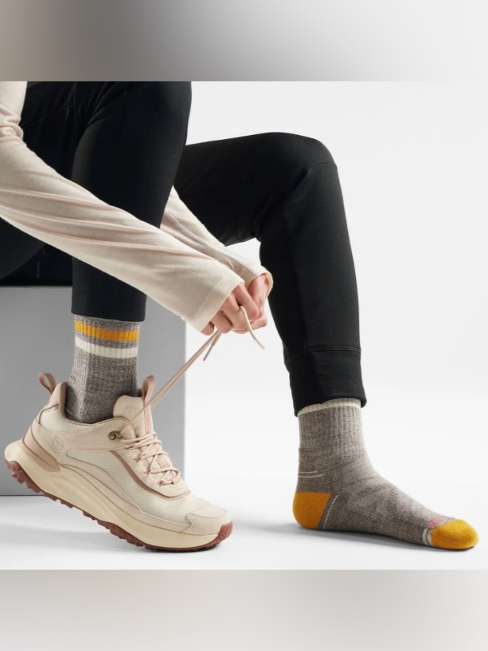 Smartwool Women’s Athletic Crew Socks in Gray with Mustard and White Stripes - Picture 2 of 6